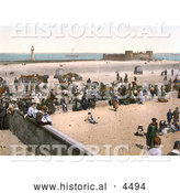 Historical Photochrom of the Perch Rock Lighthouse, Battery Fort and People on the Beach in Liverpool, Merseyside, England by Al
