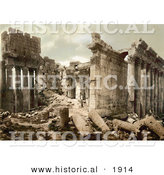 Historical Photochrom of the Temple of Jupiter Facade in Baalbek by Al
