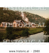 Historical Photochrom of Tvindefos Waterfall and Hotel, Hardanger Fjord by Al