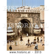 Historical Photochrom of Vendors and Pedestrians at the French Gate, Tunis, Tunisia by Al