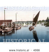 Historical Photochrom of Wherry Sailboat in the Harbour in Wroxham Norfolk England UK by Al