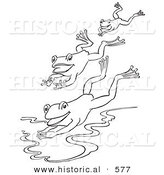 Historical Vector Illustration of a 3 Frogs Jumping into a Pond - Outlined Version by Al