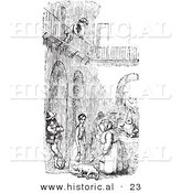 Historical Vector Illustration of a Boy over a Courtyard with People - Black and White Version by Al