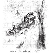 Historical Vector Illustration of a Carriage with People Traveling down a Road with Steep Cliffs - Black and White Version by Al