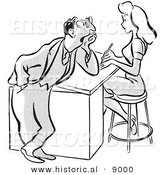 Historical Vector Illustration of a Cartoon Businessman Staring at a Pretty Girl Working at a Desk - Black and White Outlined Version by Al