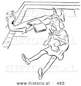 Historical Vector Illustration of a Cartoon Couple Reading and Knitting on Their Floor - Black and White Outlined Version by Al
