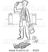 Historical Vector Illustration of a Cartoon Elderly Man Pointing a Gun to His Head After Spilling His Lunch at Work - Black and White Outlined Version by Al