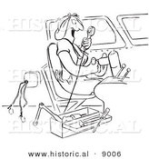 Historical Vector Illustration of a Cartoon Female Airplane Factory Employee Playing Around in a Cockpit - Black and White Outlined Version by Al