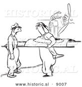 Historical Vector Illustration of a Cartoon Female Airplane Factory Employee Puncturing a Coworker with a Sharp Metal Part - Black and White Outlined Version by Al