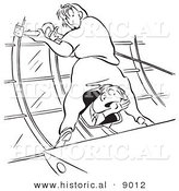 Historical Vector Illustration of a Cartoon Female Airplane Factory Worker Getting Distracted by a Man Yelling out of a Window Between Her Legs - Black and White Outlined Version by Al