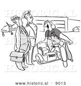 Historical Vector Illustration of a Cartoon Female Taxi Driver Picking up a Traveler with a Motorcycle Sidecar - Black and White Outlined Version by Al