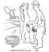 Historical Vector Illustration of a Cartoon Gardener with Dirty Hands Beside Garden Tools - Black and White Outlined Version by Al