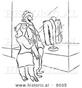 Historical Vector Illustration of a Cartoon Husband Window Shopping for Fur Coats with His Happy Wife - Black and White Outlined Version by Al