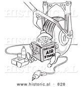 Historical Vector Illustration of a Cartoon Male Airplane Assembly Worker Reading a Book and Eating Lunch - Black and White Outlined Version by Al