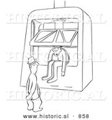 Historical Vector Illustration of a Cartoon Male Worker Sitting in a Machine Press - Black and White Outlined Version by Al