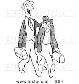 Historical Vector Illustration of a Cartoon Male Worker Trying to Cheer up a Grumpy Old Man - Black and White Outlined Version by Al