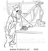 Historical Vector Illustration of a Cartoon Male Worker Yelling into a Phone - Black and White Outlined Version by Al