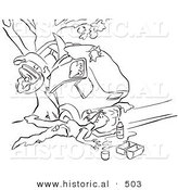 Historical Vector Illustration of a Cartoon Man Collecting Fuel from a Broken Gas Tank on a Wrecked Car - Black and White Outlined Version by Al