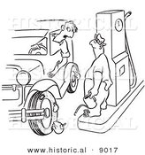 Historical Vector Illustration of a Cartoon Man Parking Car with Flat Tire at a Gas Station - Black and White Outlined Version by Al
