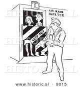 Historical Vector Illustration of a Cartoon Officer Writing Tickets to Trespassers in an Air Raid Shelter - Black and White Outlined Version by Al
