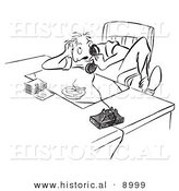 Historical Vector Illustration of a Cartoon Stressed Businessman Talking on a Phone at His Desk - Black and White Outlined Version by Al