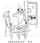 Historical Vector Illustration of a Cartoon Wife Making Lunch for Her Husband - Black and White Version by Al