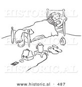 Historical Vector Illustration of a Cartoon Woman Sleeping with Everything Ready for Morning - Black and White Outlined Version by Al