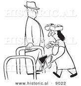 Historical Vector Illustration of a Cartoon Woman Walking Through a Checkpoint with Her Belongings Opened for an Inspector - Black and White Outlined Version by Al