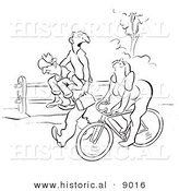 Historical Vector Illustration of a Cartoon Woman Watching a Man Give Another a Man Piggy Back Ride to Work - Black and White Outlined Version by Al