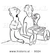 Historical Vector Illustration of a Cartoon Worker Man Eating a Sandwich While Looking at His Partner Who Swallowed His Entire Lunch Box - Black and White Outlined Version by Al