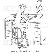 Historical Vector Illustration of a Chained Cartoon Man at Work While Watching a Sexy Girl Walk by His Desk - Black and White Version by Al