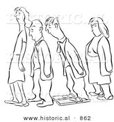 Historical Vector Illustration of a Clever Cartoon Man Wearing Boards on His Feet to Sleep While Standing and Waiting in a Long Line - Black and White Outlined Version by Al