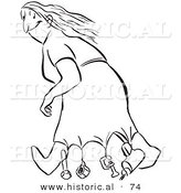 Historical Vector Illustration of a Clever Woman Walking in Windy Weather with a Weighed down Dress and a Big Smile - Black and White Version by Al