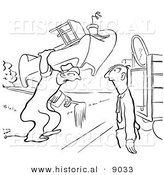 Historical Vector Illustration of a Curious Cartoon Man Talking to a Mover Carrying Heavy Household Items - Black and White Outlined Version by Al