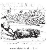 Historical Vector Illustration of a Dog Biting a Person - Black and White Version by Al