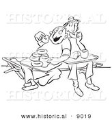 Historical Vector Illustration of a Happy Cartoon Couple Eating Donuts and Coffee - Black and White Outlined Version by Al