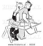 Historical Vector Illustration of a Happy Cartoon Male Worker Stuck with a Nervous Woman in a Airplane Part - Black and White Outlined Version by Al