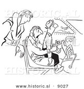 Historical Vector Illustration of a Happy Cartoon Man Sitting on an Uncomfortable Pilots Lap - Black and White Outlined Version by Al