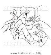 Historical Vector Illustration of a Happy Cartoon Morning Person Driving Tired Friends to Work - Black and White Outlined Version by Al