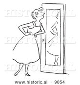 Historical Vector Illustration of a Happy Girl Smiling at Herself in Front of a Mirror - Black and White by Al