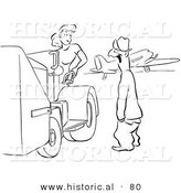 Historical Vector Illustration of a Happy Man with Big Smile Looking at a Pretty Woman Operating a Machine on Wheels - Black and White Version by Al