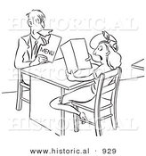 Historical Vector Illustration of a Hungry Cartoon Man Eating the Menu While His Shocked Lady Friend Watches - Black and White Version by Al
