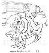 Historical Vector Illustration of a Male Cartoon Workers Eating Lunch Beside a Truck - Black and White Outlined Version by Al