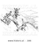 Historical Vector Illustration of a Man Falling off His Donkey While Traveling up a Mountain - Black and White Version by Al
