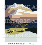 Historical Vector Illustration of a Native American Indian Riding Horse Towards Tipis at the Edge of a Forest Under Mountains in Montana by Al
