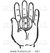 Historical Vector Illustration of a Retro Buzzer Prank Toy in the Palm of Someone's Hand - Outlined Version by Al