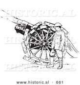 Historical Vector Illustration of a Retro Navy Soldier Shooting a Siege Gun - Black and White Version Retro Navy Soldier Shooting a Siege Gun by Al