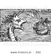Historical Vector Illustration of a Sea Creature Inundating a Ship - Black and White Version by Al