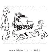 Historical Vector Illustration of a Shocked Cartoon Farmer Looking at a Injured Man Lying on the Ground with Tractor Tire Marks Through His Body - Black and White Outlined Version by Al