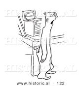 Historical Vector Illustration of a Shocked Cartoon Male Worker by a Tool Box - Black and White Outlined Version by Al
